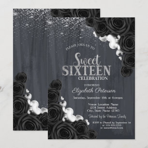 Elegante silberne Konfetti schwarze Rosen Sweet 16 Einladung