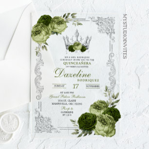 Elegante silberne Krone Sage Grün Quinceanera Acryleinladungen