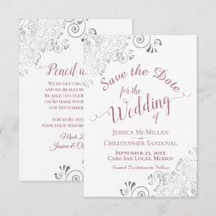 Elegante silberne Locken Dusty Rose auf weißer Hoc Save The Date