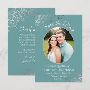 Elegante silberne Locken & Foto auf Türkis-Hochzei Save The Date