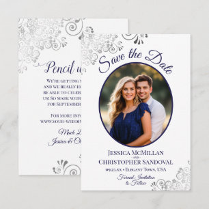 Elegante silberne Locken Marineblaue Foto Weiße Ho Save The Date