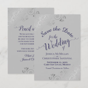 Elegante silberne Locken Navyblau auf Grau Hochzei Save The Date