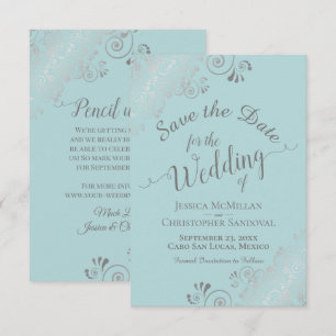 Elegante silberne Locken & Schwünge Mint Teal Hoch Save The Date