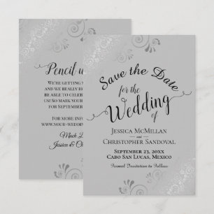 Elegante silberne lockige Schwünge Schwarz auf Gra Save The Date
