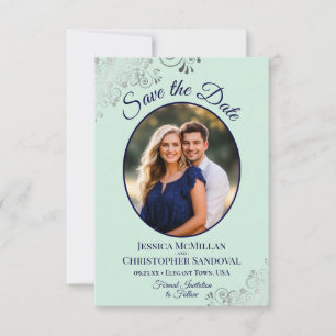 Elegante silberne Münze und marineblaue ovale Foto Save The Date