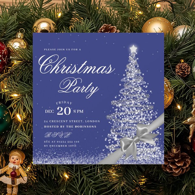 Elegante silberne Navy-Winter-Weihnachtsbaumschlei Einladung (Elegant Silver Winter Christmas Tree Bow Invitation)