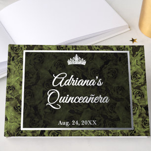 Elegante silberne Quinceanera-Blumen in Salbeigrün Gästebuch