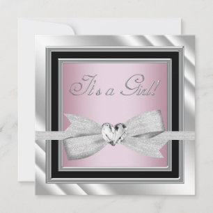 Elegante silberne rosa schwarze Babyparty für Mädc Einladung