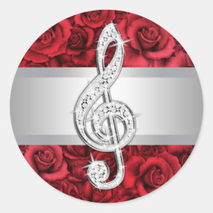 Elegante silberne rote Rose Violinschlüssel Aufkle Runder Aufkleber