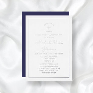 Elegante silberne Schrift Navy Blau Erste Kommunio Folieneinladung