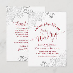 Elegante silberne Spitzen-Filigran-Arbeit auf weiß Save The Date