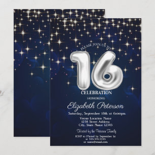 Elegante silberne Sterne Navy Blau Sweet 16 Einladung