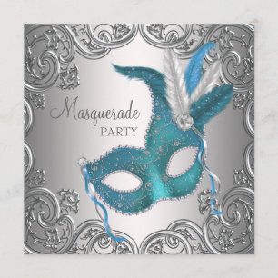Elegante silberne Teal Blau Maskenparty Einladung