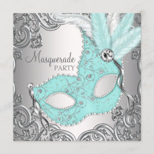 Elegante silberne Tealblaue Maskenparty Einladung