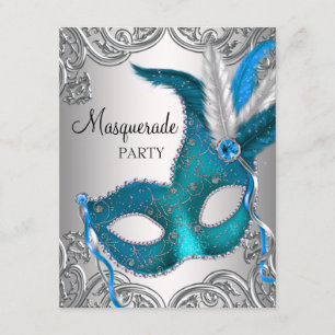 Elegante silberne Türkisblaue Maskenparty Einladung