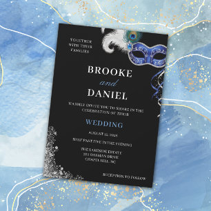 Elegante silberne und blaue Maskenhochzeit Einladung