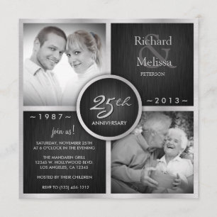 Elegante silberne und schwarze 25. Hochzeitstag-Fe Einladung