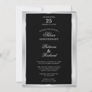 Elegante silberne und schwarze 25. Hochzeitstagsei Einladung
