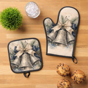 Elegante silberne Weihnachtsglocken Aquarell Ofenhandschuh & Topflappen-Set