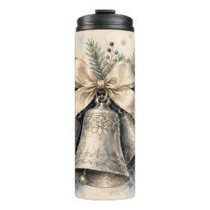 Elegante silberne Weihnachtsglocken Aquarell Thermosbecher
