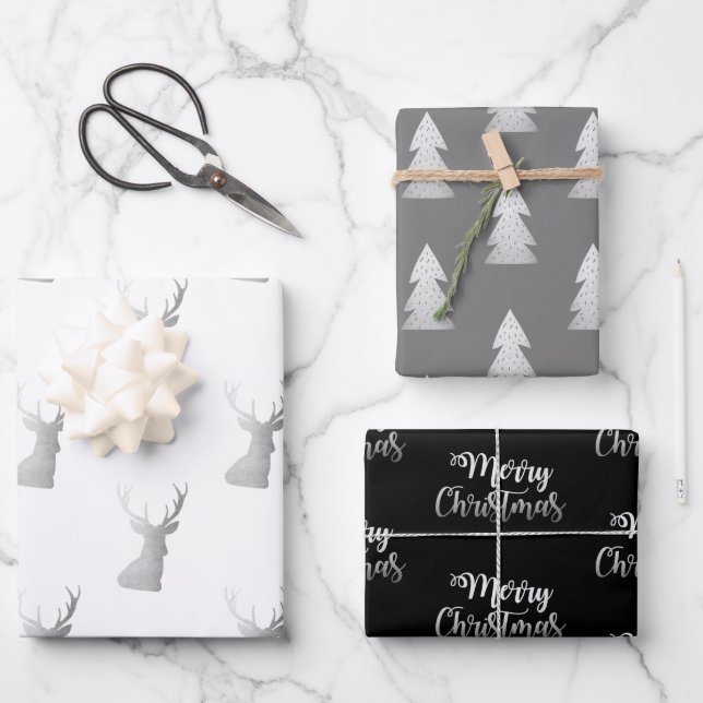 Elegante silberne Weihnachtsmuster Geschenkpapier Set (Vorderseite)
