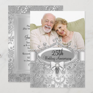Elegante Silberrose Foto zum 25. Hochzeitstag Einl Einladung