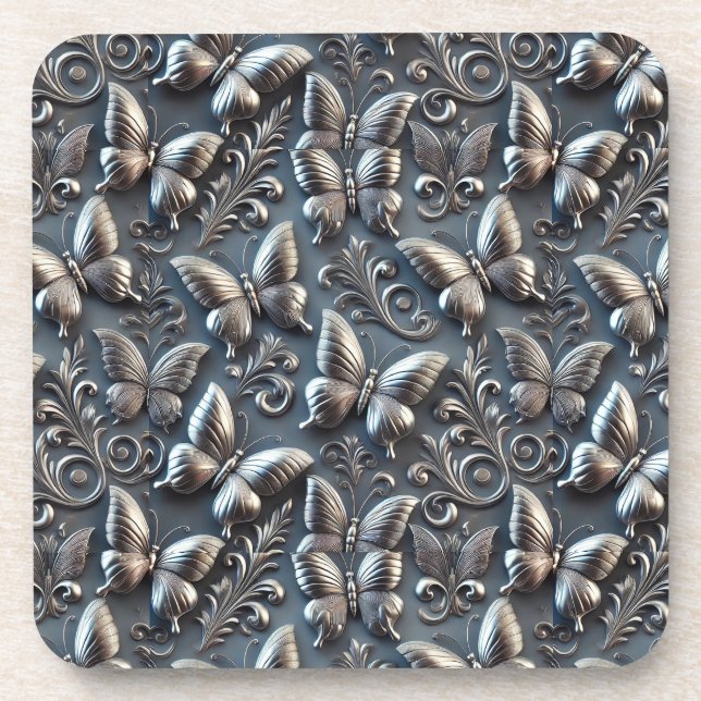 Elegante Silberschmetterlinge mit Verziertem Blume Getränkeuntersetzer (Vorderseite)