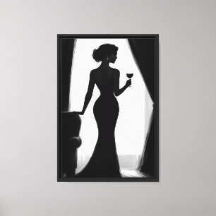 Elegante Silhouette der Frau mit Weinglas Leinwanddruck