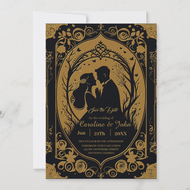 Elegante Silhouette einer Braut und eines Bräutiga Save The Date (Vorderseite)