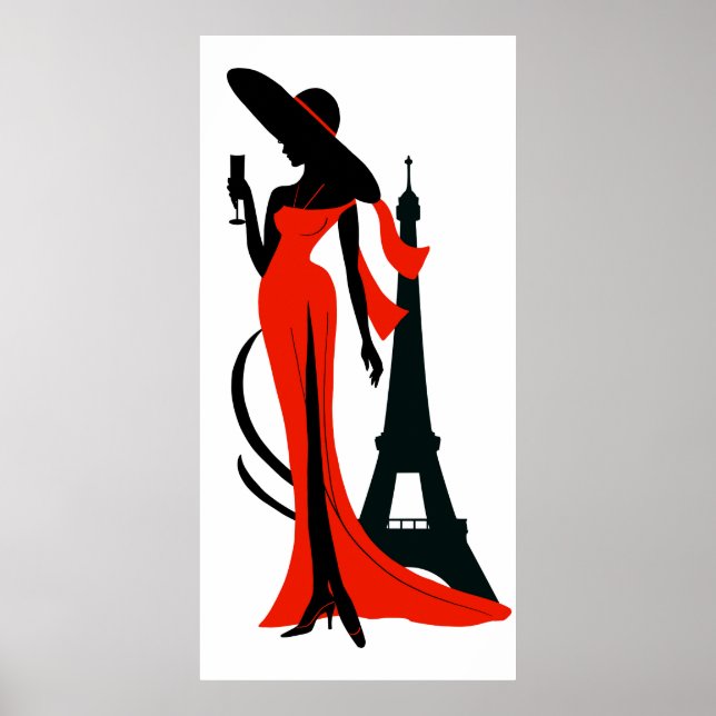 Elegante Silhouette Rotes Kleid mit Weinglas Poster (Vorne)