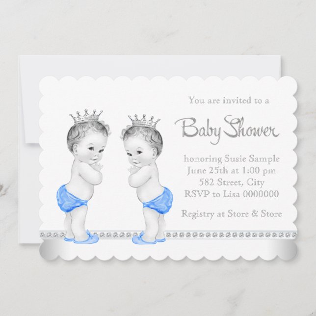 Elegante Silver and Blue Twin Boy Baby Shower Einladung (Vorderseite)