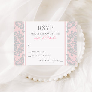 Elegante Silver and Pink Damask Baby Girl Baptisse RSVP Karte