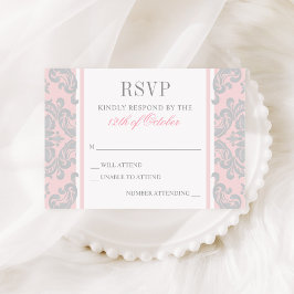 Elegante Silver and Pink Damask Baby Girl Baptisse RSVP Karte