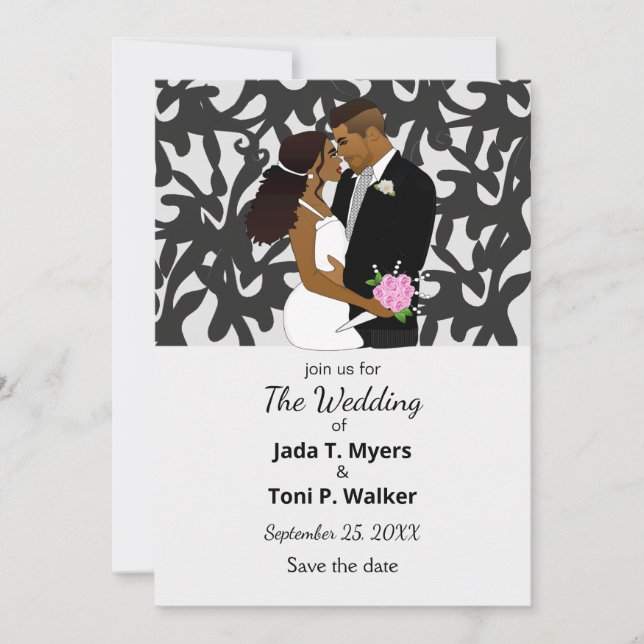 Elegante Silver & Black African American Wedding Einladung (Vorderseite)