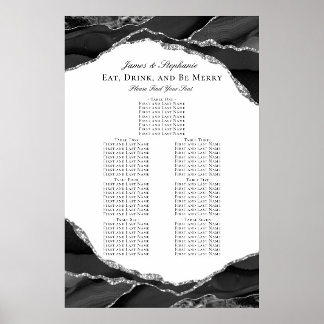 Elegante Silver Black Agate Hochzeitsdiagramm Poster (Vorne)