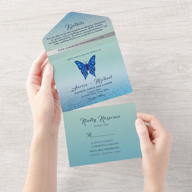 Elegante Silver Blue Butterfly Wedding All In One Einladung (Abreißen)