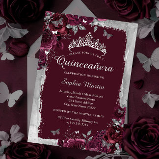 Elegante Silver Burgund Blume Quinceanera Folieneinladung