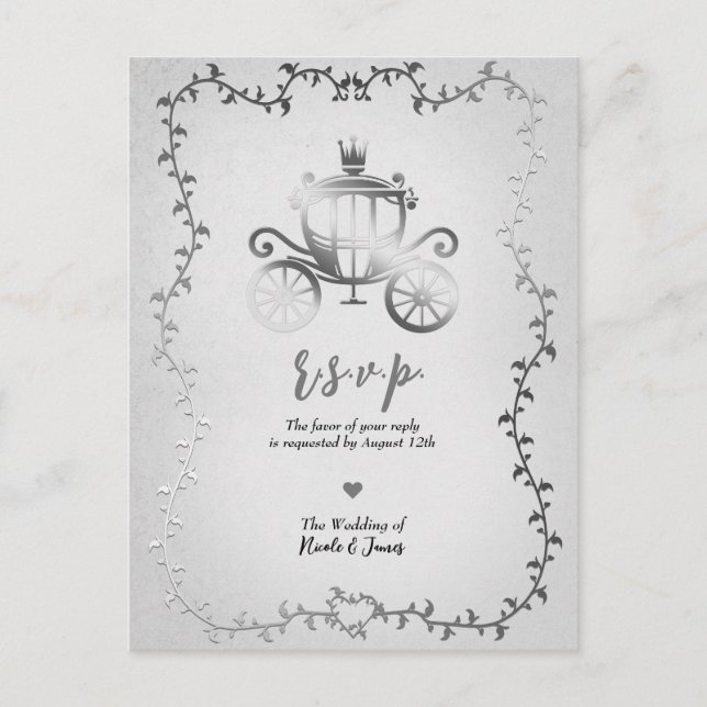 Elegante Silver Carriage Storybook Wedding RSVP Ankündigungspostkarte (Vorderseite)