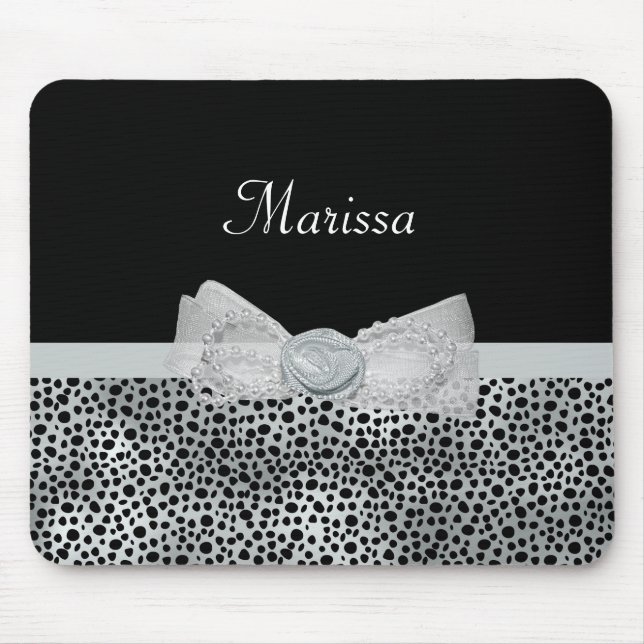 Elegante Silver Cheetah Print Frilly Bow mit Namen Mousepad (Vorne)