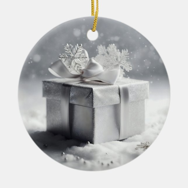 Elegante Silver Christmas Geschenkboxen mit Schnee Keramik Ornament (Vorne)