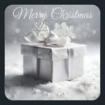 Elegante Silver Christmas Geschenkboxen mit Schnee Quadratischer Aufkleber<br><div class="desc">Erleben Sie den Zauber der Ferien mit diesem eleganten Design mit einer silbernen Geschenkboxen,  umgeben von glitzernden Schneeflocken. Darüber,  schimmernd silberne "Frohe Weihnachten" Text fügt eine festliche Touch,  feiern Sie die Saison mit zeitloser Eleganz und einem winterlichen Charme!</div>