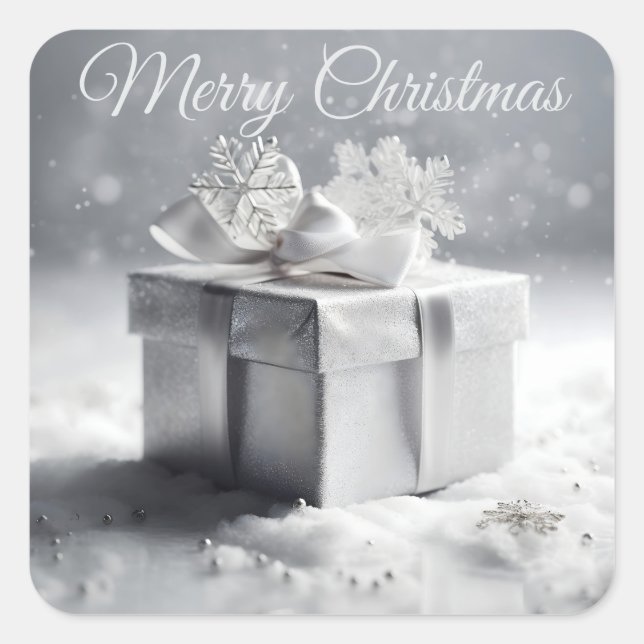 Elegante Silver Christmas Geschenkboxen mit Schnee Quadratischer Aufkleber (Vorderseite)