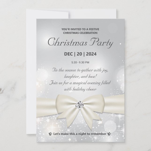 Elegante Silver Christmas Party Bow und Glitzern Einladung (Vorderseite)