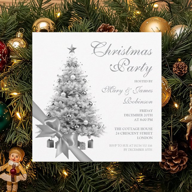 Elegante Silver Christmas Tree & Bow Holiday Party Einladung (Elegant Silver Christmas Tree & Bow Holiday Party Invitation)