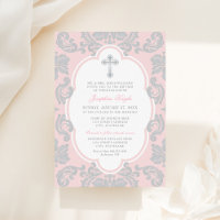 Elegante Silver Cross Pink Damask Baby Girl Baptis