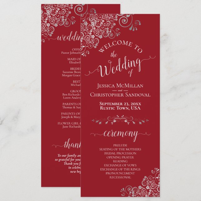Elegante Silver Curls auf Crimson Red Simple Weddi Programm (Vorne/Hinten)