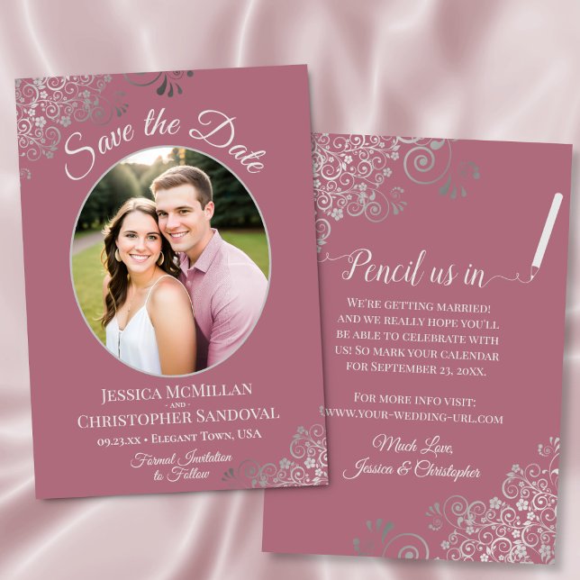 Elegante Silver Curls auf Dusty Rose Foto Hochzeit Save The Date (Front/Back)