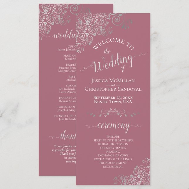 Elegante Silver Curls auf Dusty Rose Simple Weddin Programm (Vorne/Hinten)