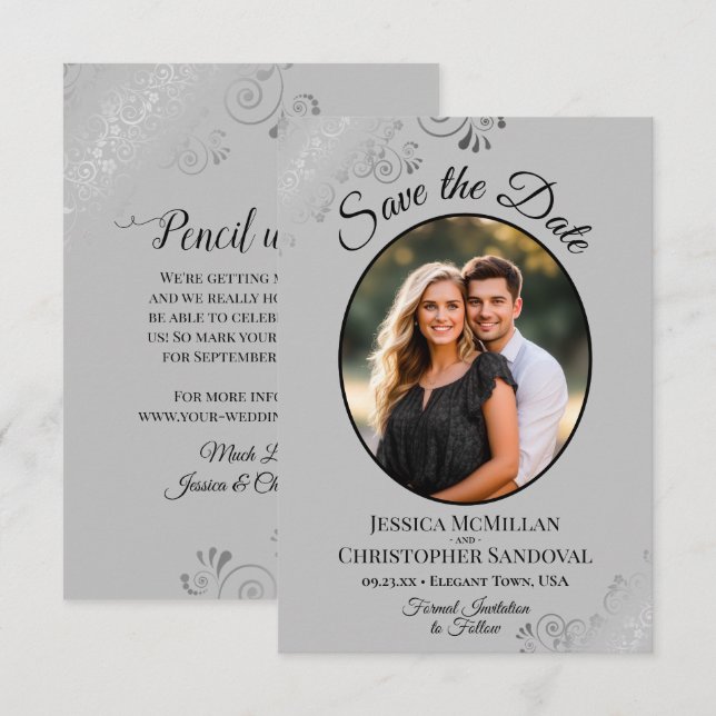 Elegante Silver Curls auf Gray Oval Foto Hochzeit Save The Date (Vorne/Hinten)