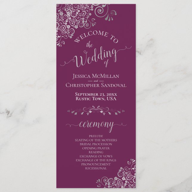 Elegante Silver Curls Cassis Lila Magenta Wedding Programm (Vorderseite)